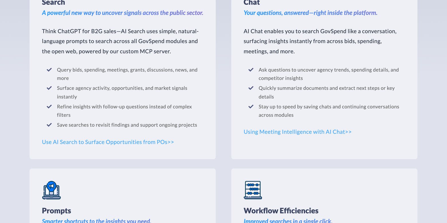 On govspend.com/ai: natural-language prompts across all modules and the open web, powered by the custom MCP server.