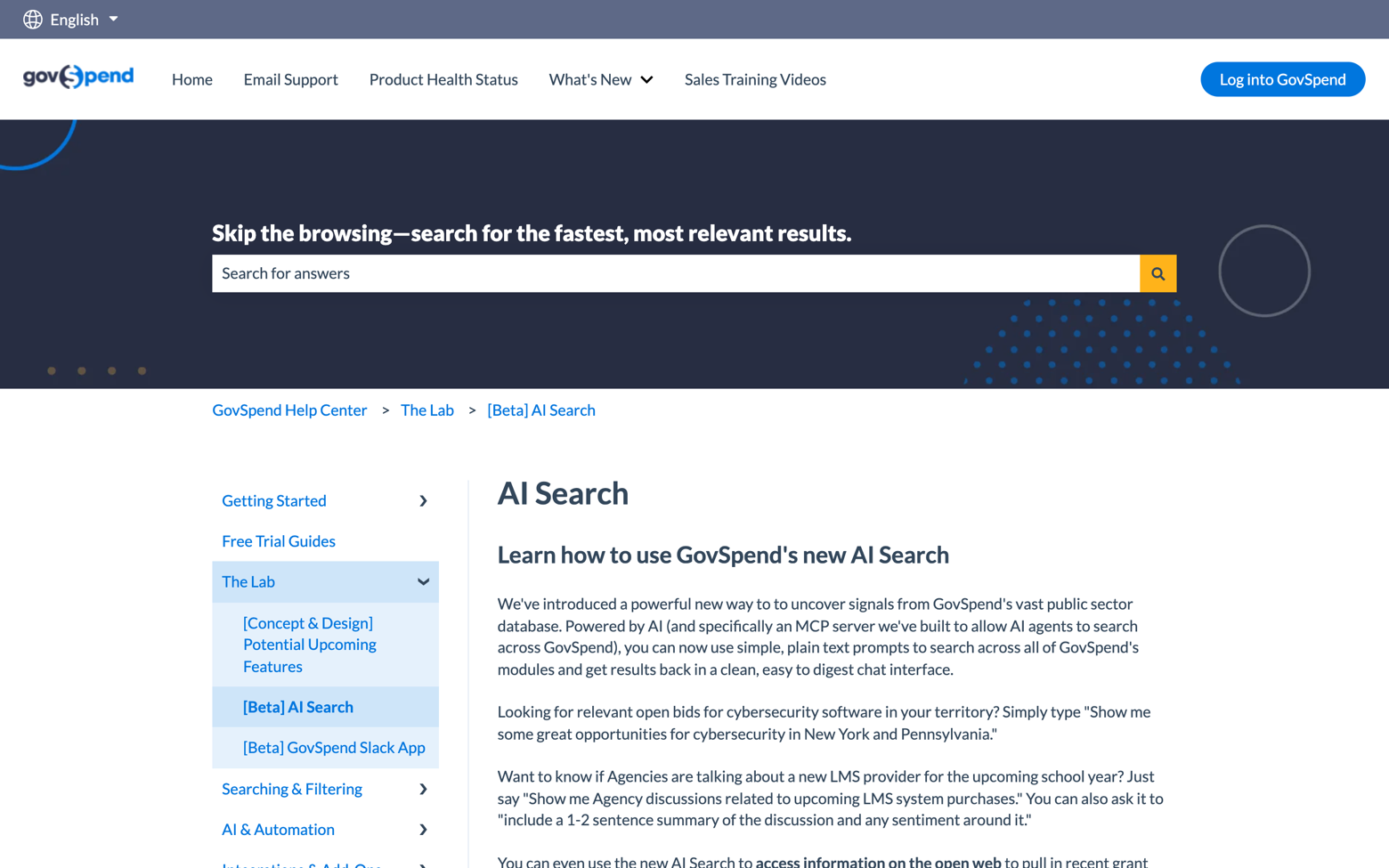 The Help Center article: AI Search, powered by an MCP server built so AI agents can search across GovSpend.