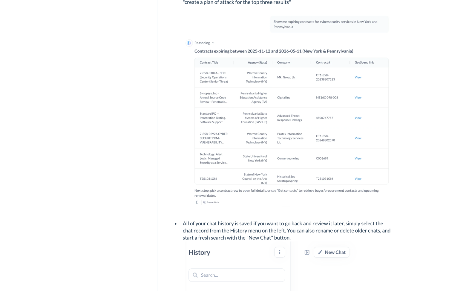 What comes back: a table of the top results, a link to every record and the reasoning behind them.