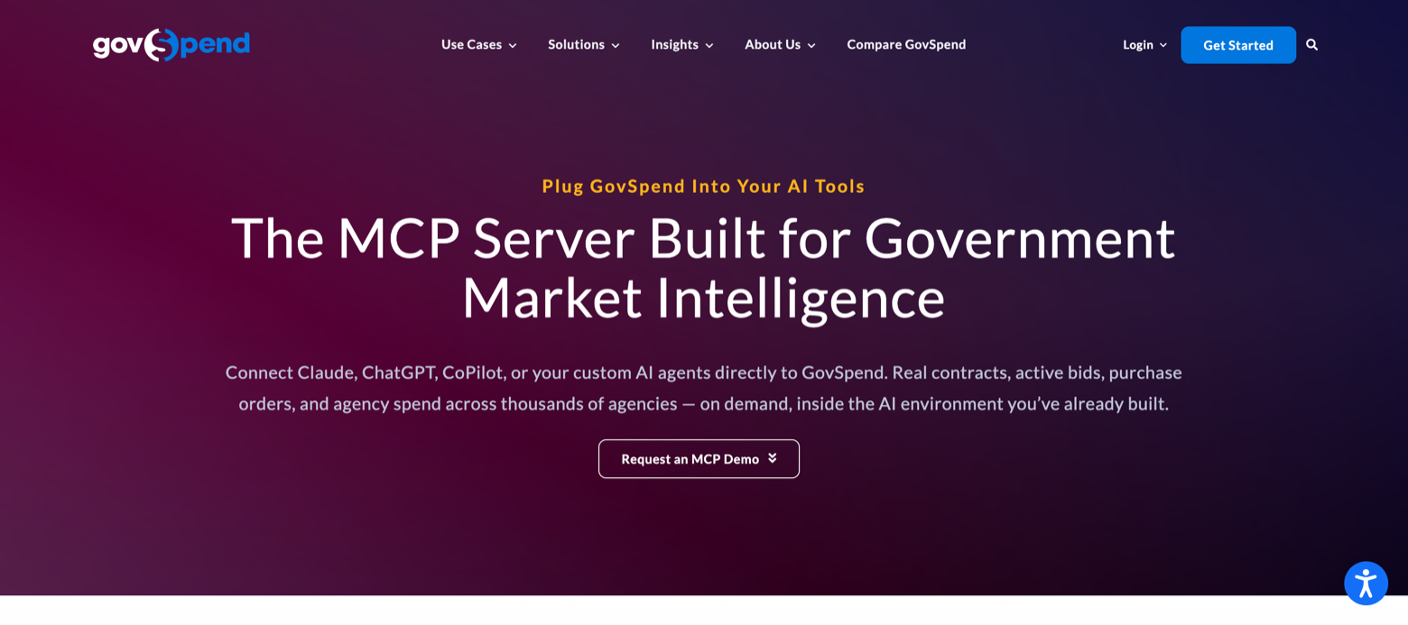 La página del producto: conectá Claude, ChatGPT, Copilot o tus propios agentes a GovSpend.