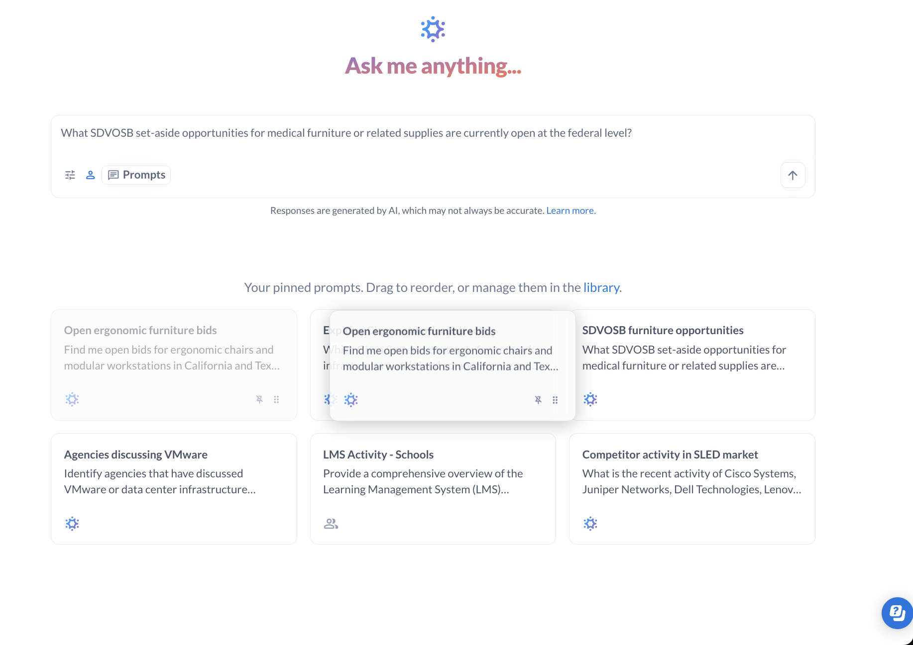The AI Search page with pinned prompts: up to six tiles, dragged into the order you want, one click to load one into the search box.
