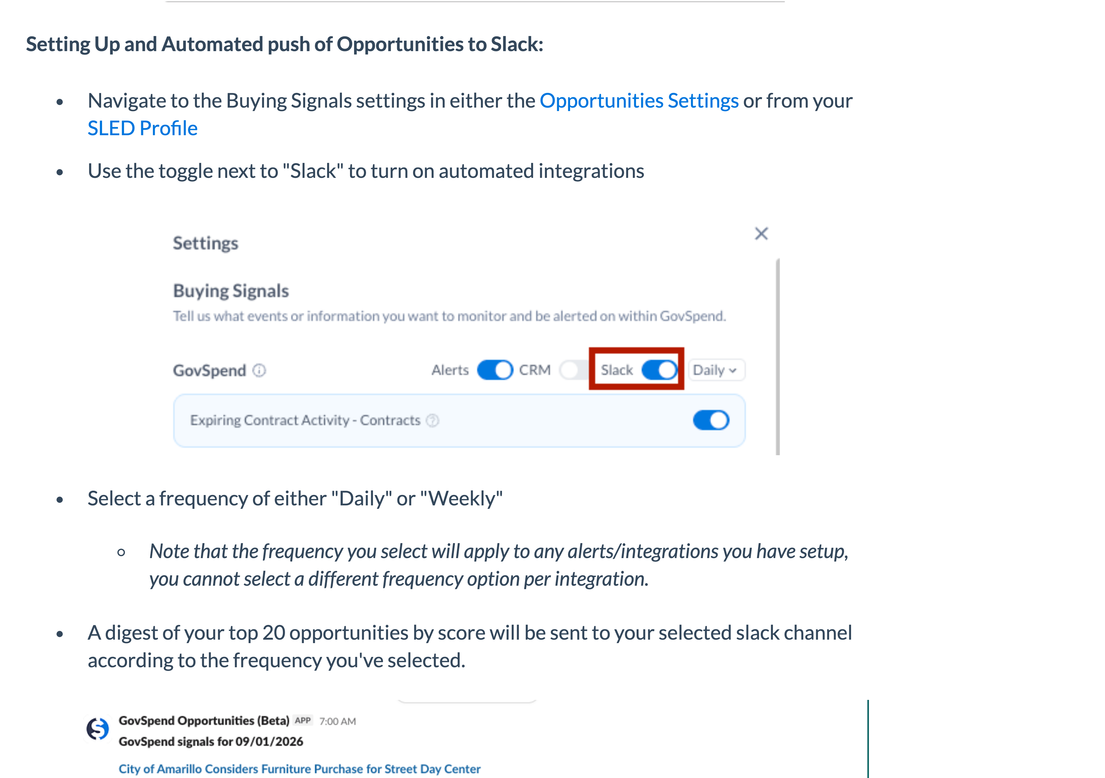 Buying Signals: the Slack toggle, the daily or weekly frequency, and a digest of your top 20 by score.