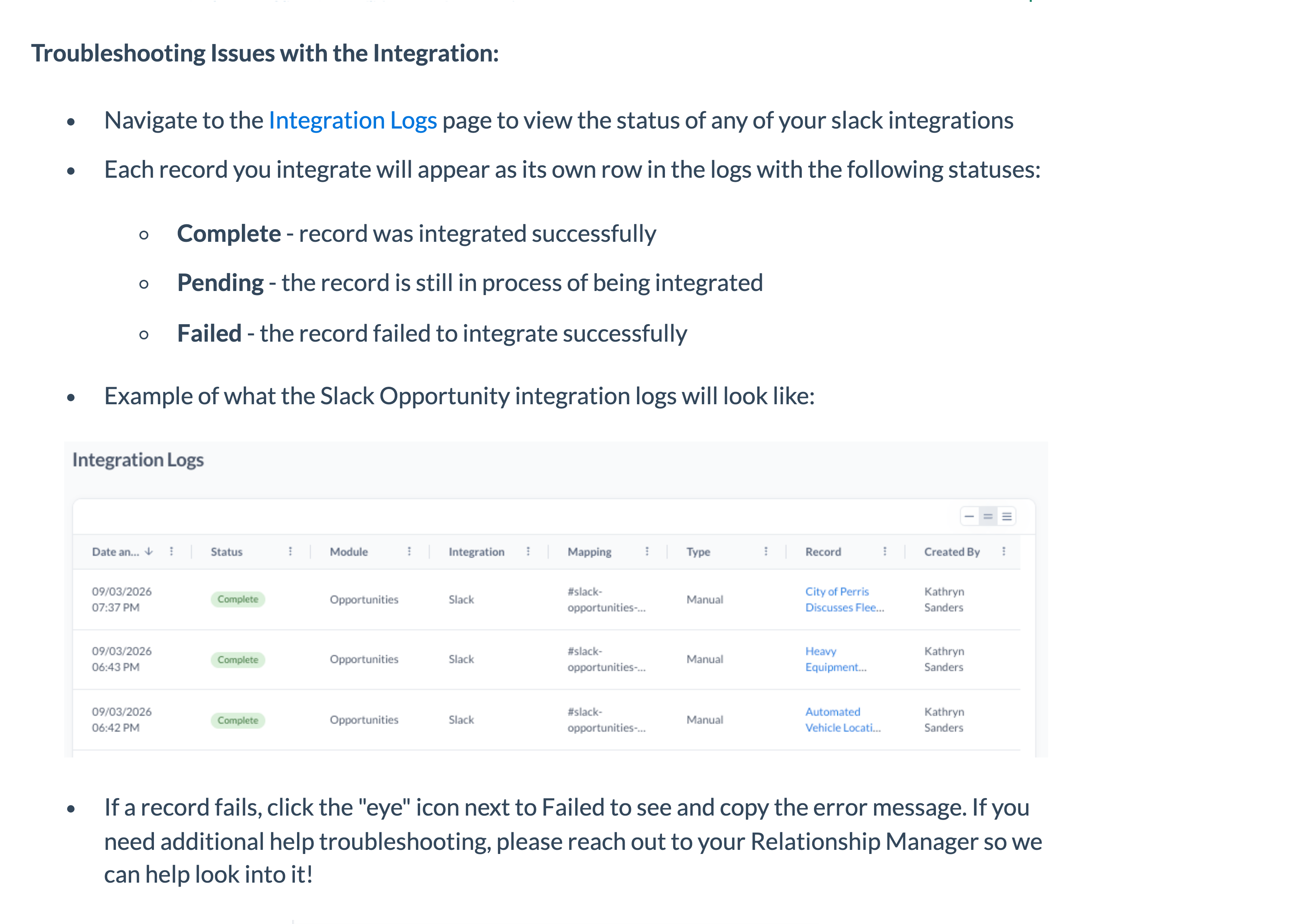 Integration Logs: one row per record pushed, with Complete, Pending or Failed and the error behind it.