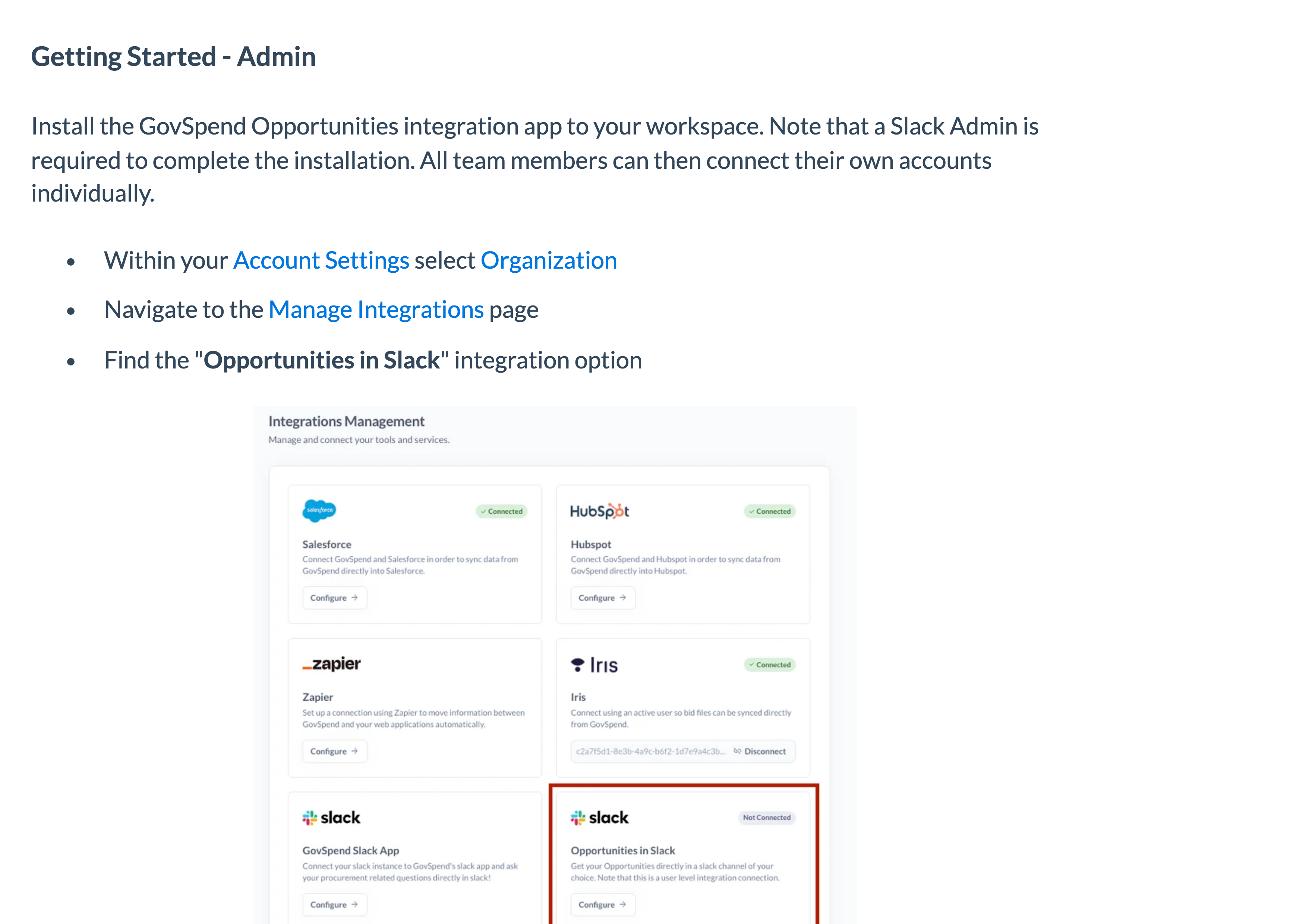 Manage Integrations: Opportunities in Slack sits alongside Salesforce, HubSpot and the rest.