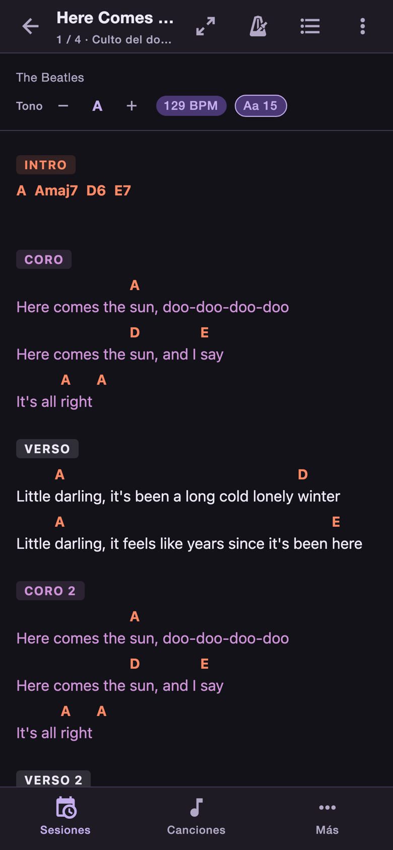 El reproductor durante el culto: canción 1 de 4, tono transpuesto en el momento, tempo y tamaño de letra a mano.